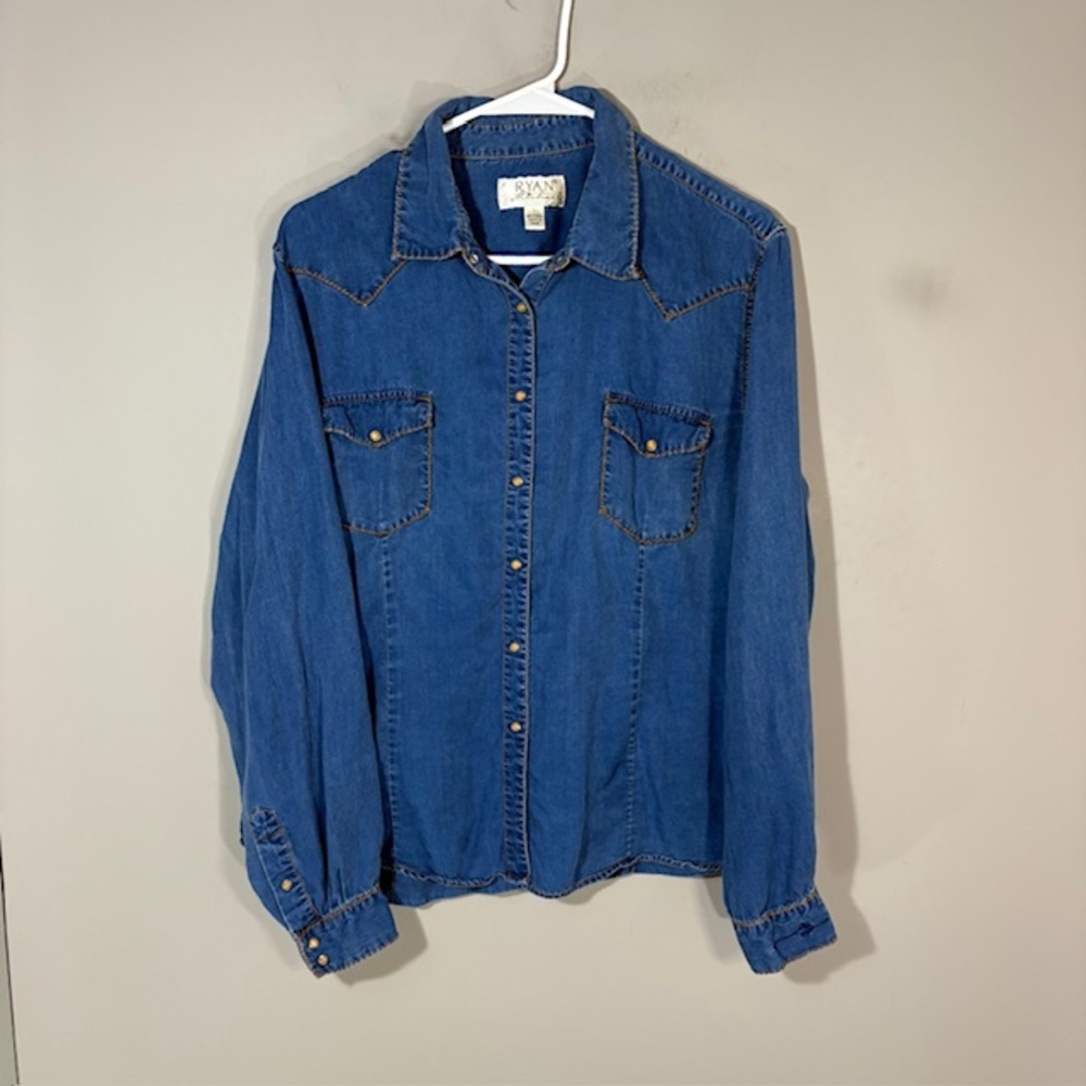Ryan Michael Shirt Womens Large Blue Denim Tencel Snap Western Long Sleeve Top